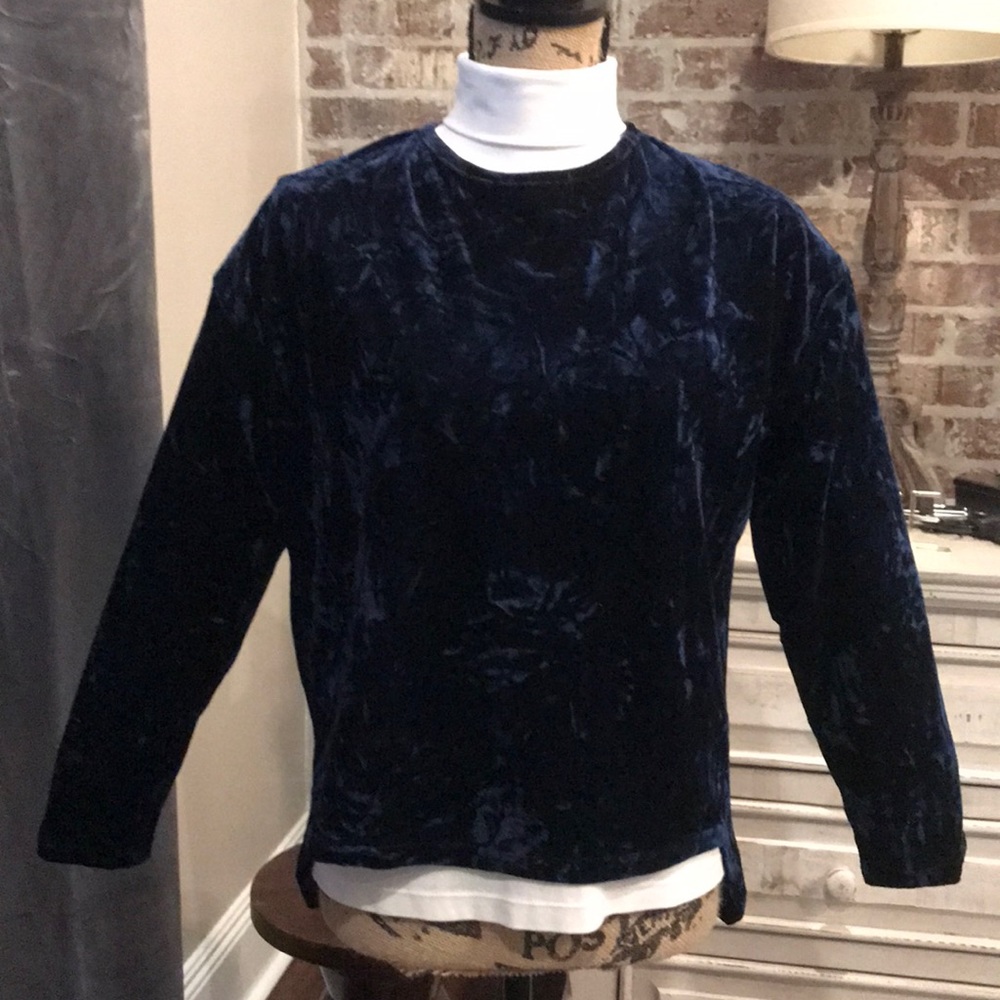 Navy Blue Crushed Velvet Hi-Lo Long Sleeve Top S